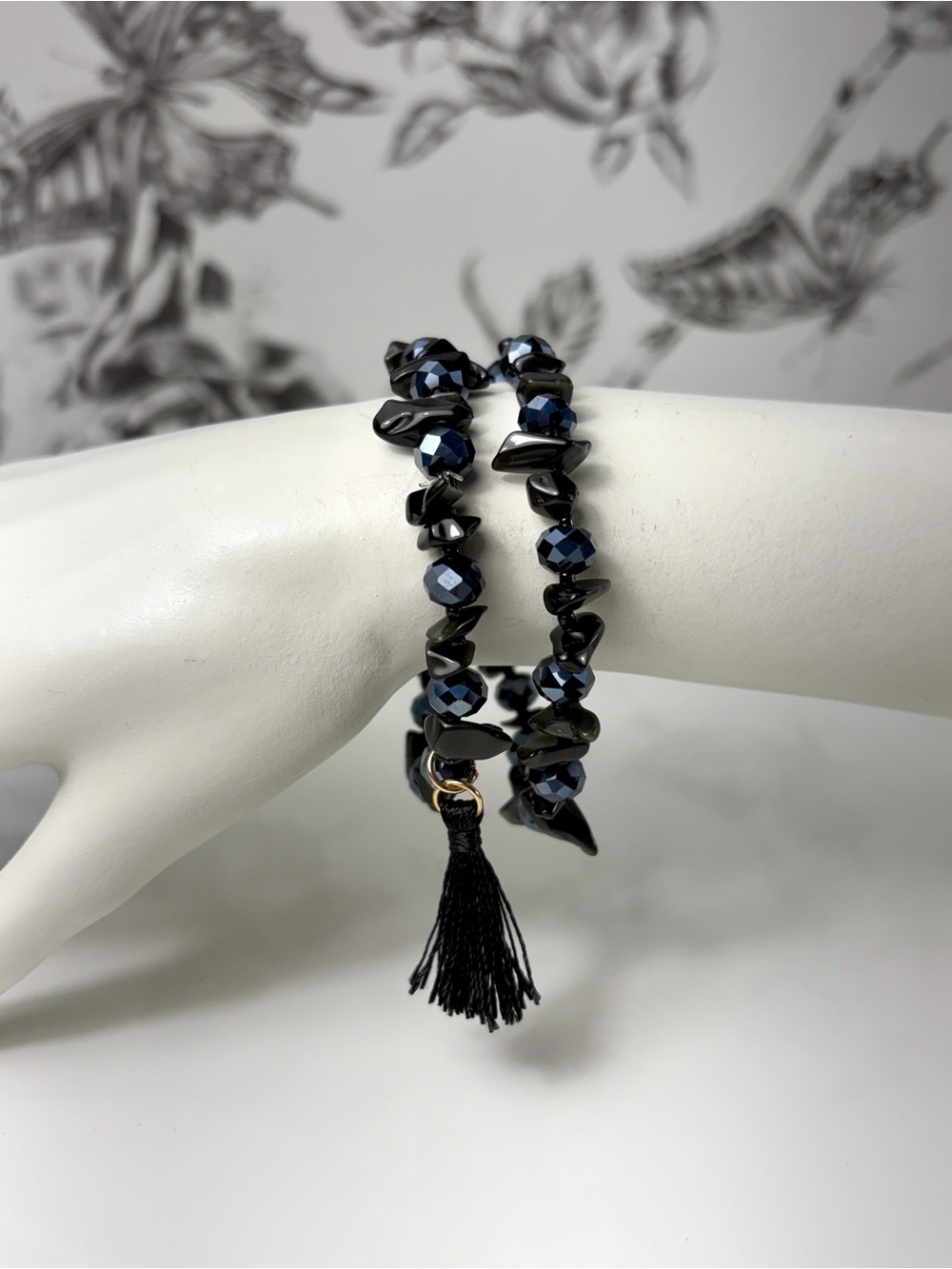 Black Tumbled Crystal Chip & Faceted Hematite Bead 2-pc Stacker Bracelet Set